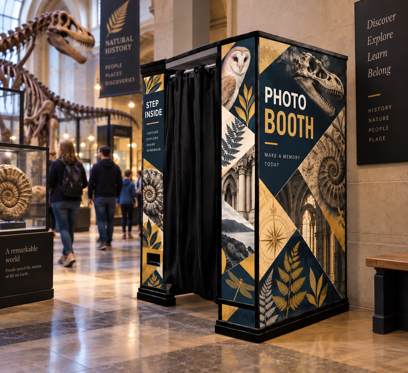 Photobooth installed in a natural history museum with dinosaur skeletons and exhibition displays