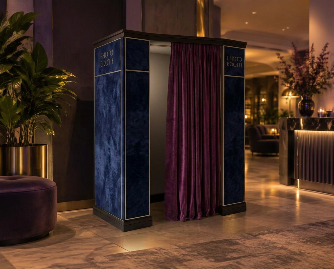 A CWH photobooth installed in a warmly lit hotel lobby
