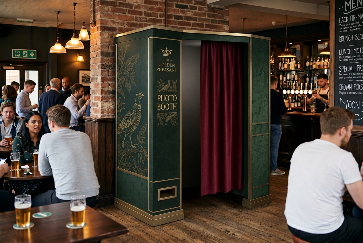 Photobooth installed in a rooftop bar at dusk